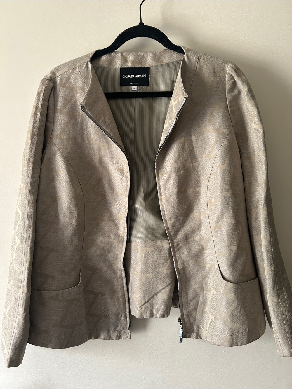 Giorgio Armani Neutral Beige Patterned Zip-Front Jacket